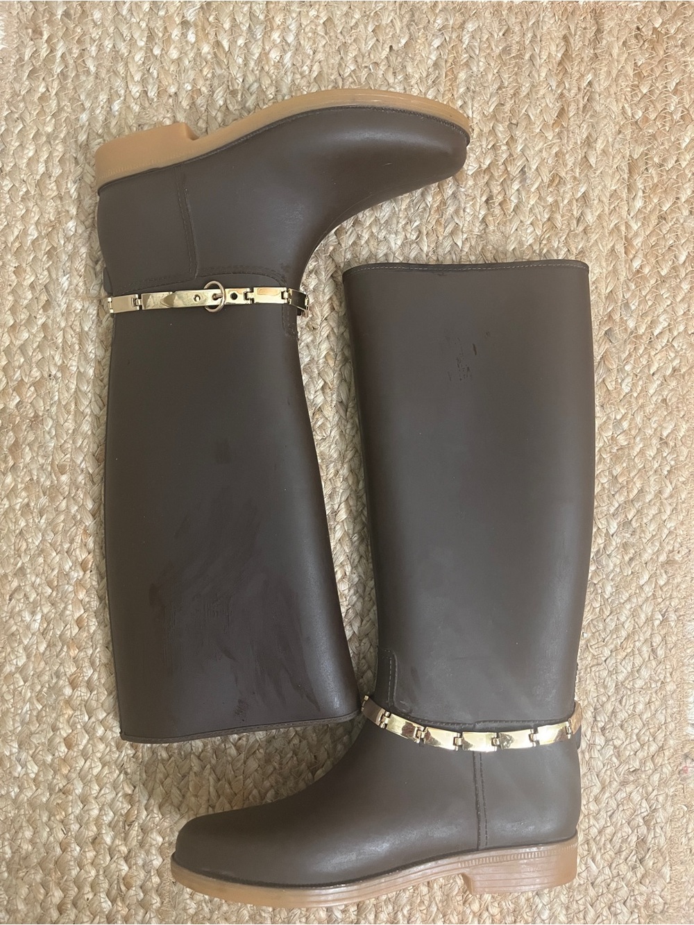 Sz 5 TOP Moda Brown Riding Rain Boots with Gold Link Belt Buckle Detail